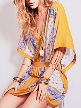 RARE Free People Santa Cruz Mini Dress Goldenrod Combo S HTF ⭐️⭐️⭐️⭐️⭐️